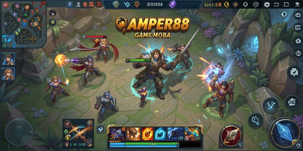 Tampilan gameplay menegangkan dari AMPER88 yang penuh aksi MOBA.