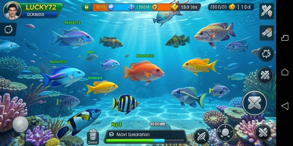 Gameplay seru Tembak Ikan di LUCKY72 dengan ikan berwarna-warni.